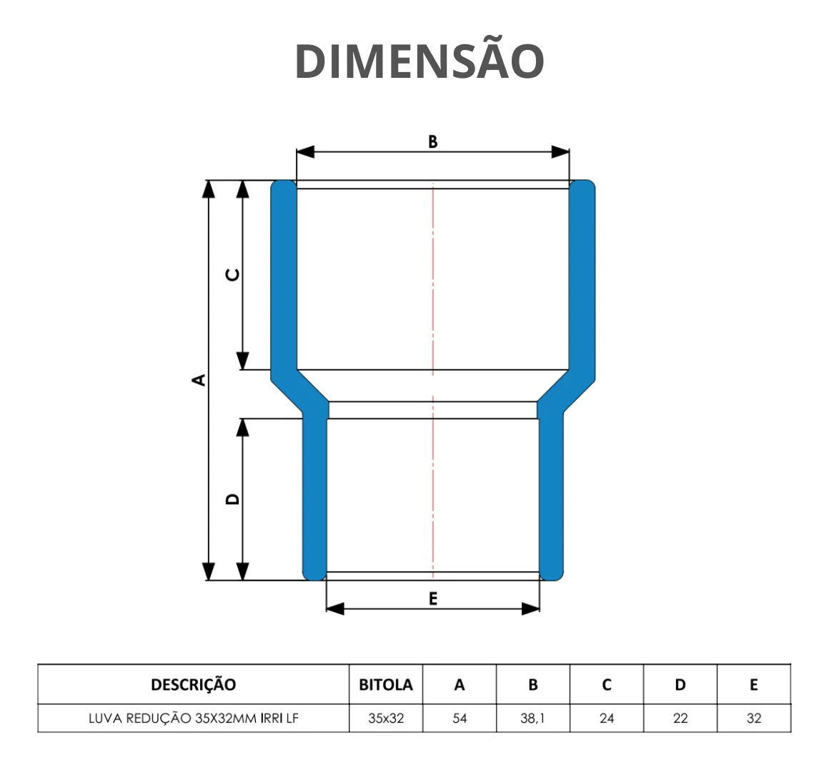 Luva PVC Injetada Redução Soldável 35 × 32 mm Azul Irriga – Doutor Irrigação